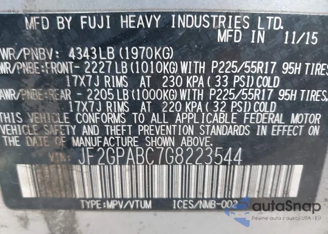 2016 Subaru Crosstrek 2.0I Premium from USA, damaged, VIN JF2GPABC7G8223544